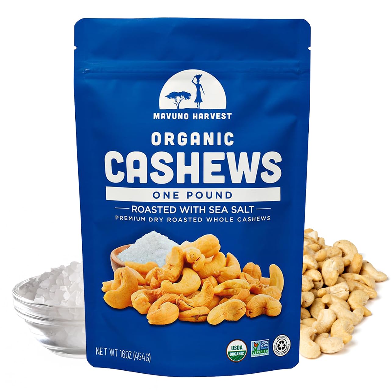 Mavuno Harvest front packaging showing resealable 16 oz bag and organic label, convenient snack