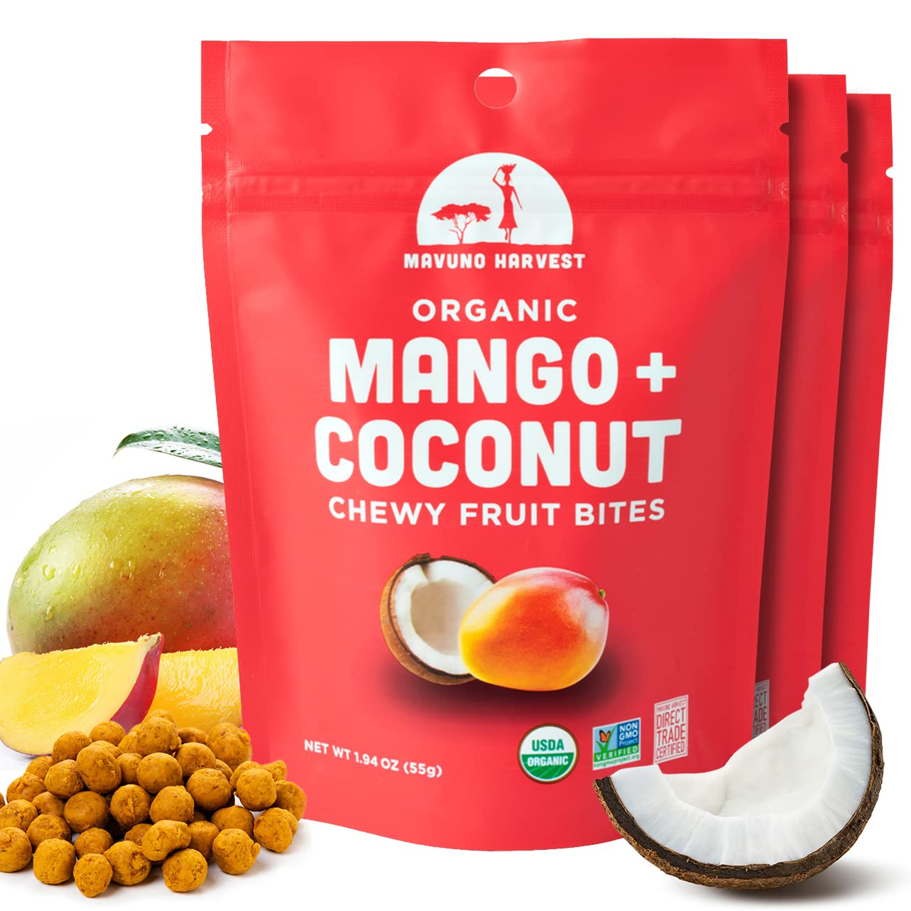 Mavuno Harvest front packaging showing mango coconut flavor and benefits