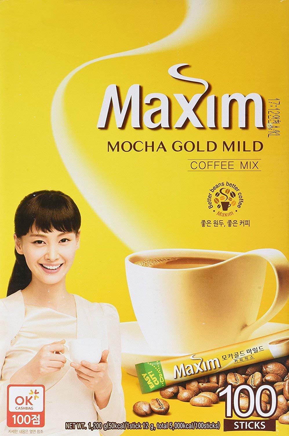 Dongsuh Maxim front packaging showing mocha gold mild sachets and quantity benefit