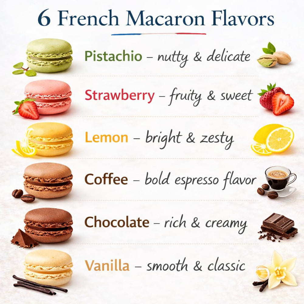 MAXIM'S DE PARIS assortment top view with six colorful macarons for variety