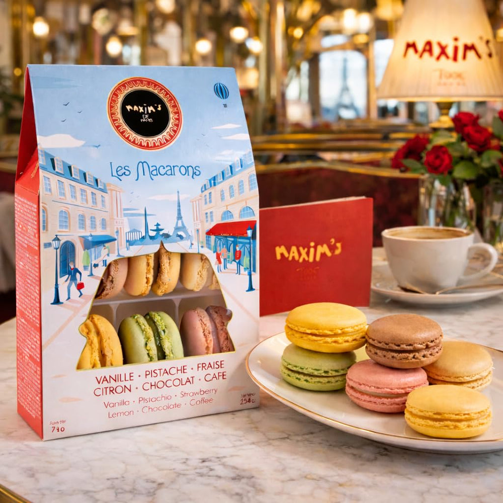 MAXIM'S DE PARIS close-up of macaron shell texture highlighting crispness