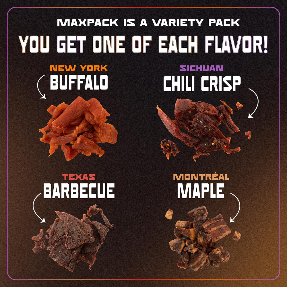 MAXJERKY four flavors arranged to compare taste variety and choice