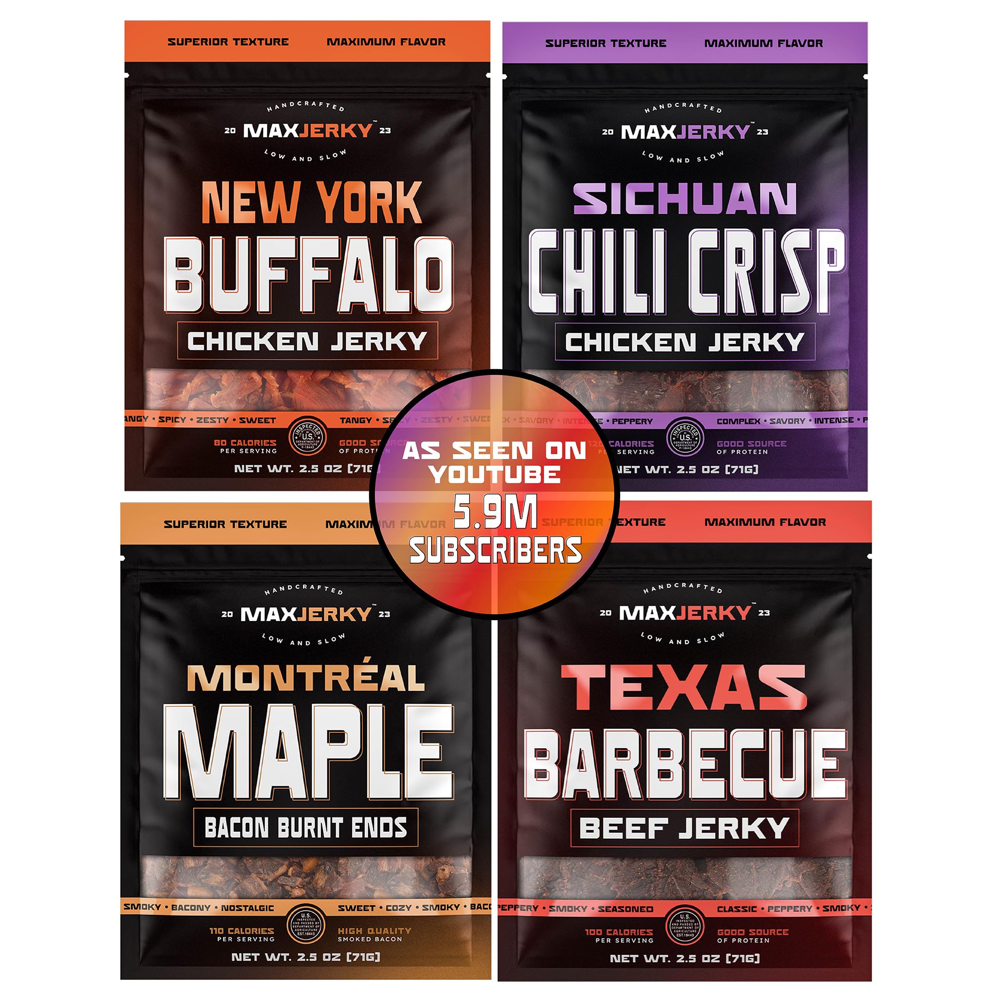 MAXJERKY pack front view showing four flavor pouches and convenience