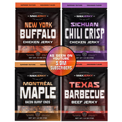 MAXJERKY pack front view showing four flavor pouches and convenience