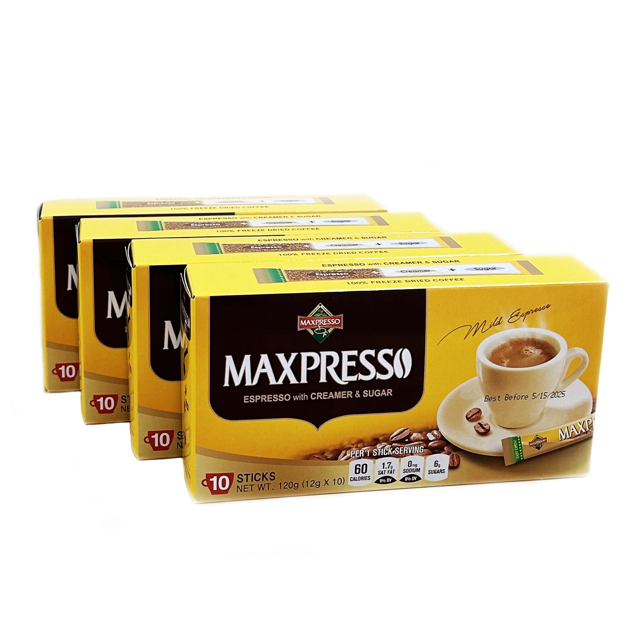 Maxpresso front packaging showing 40 stick box and convenience benefit