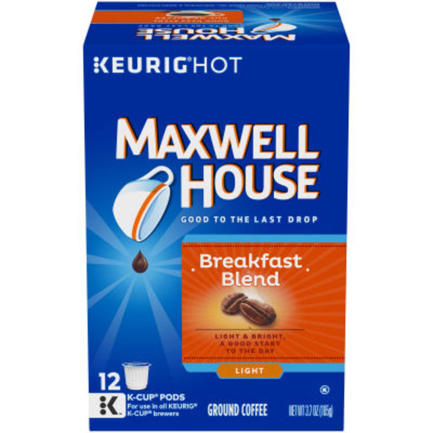 MAXWELL HOUSE front packaging showing 12-count pods, quick morning convenience