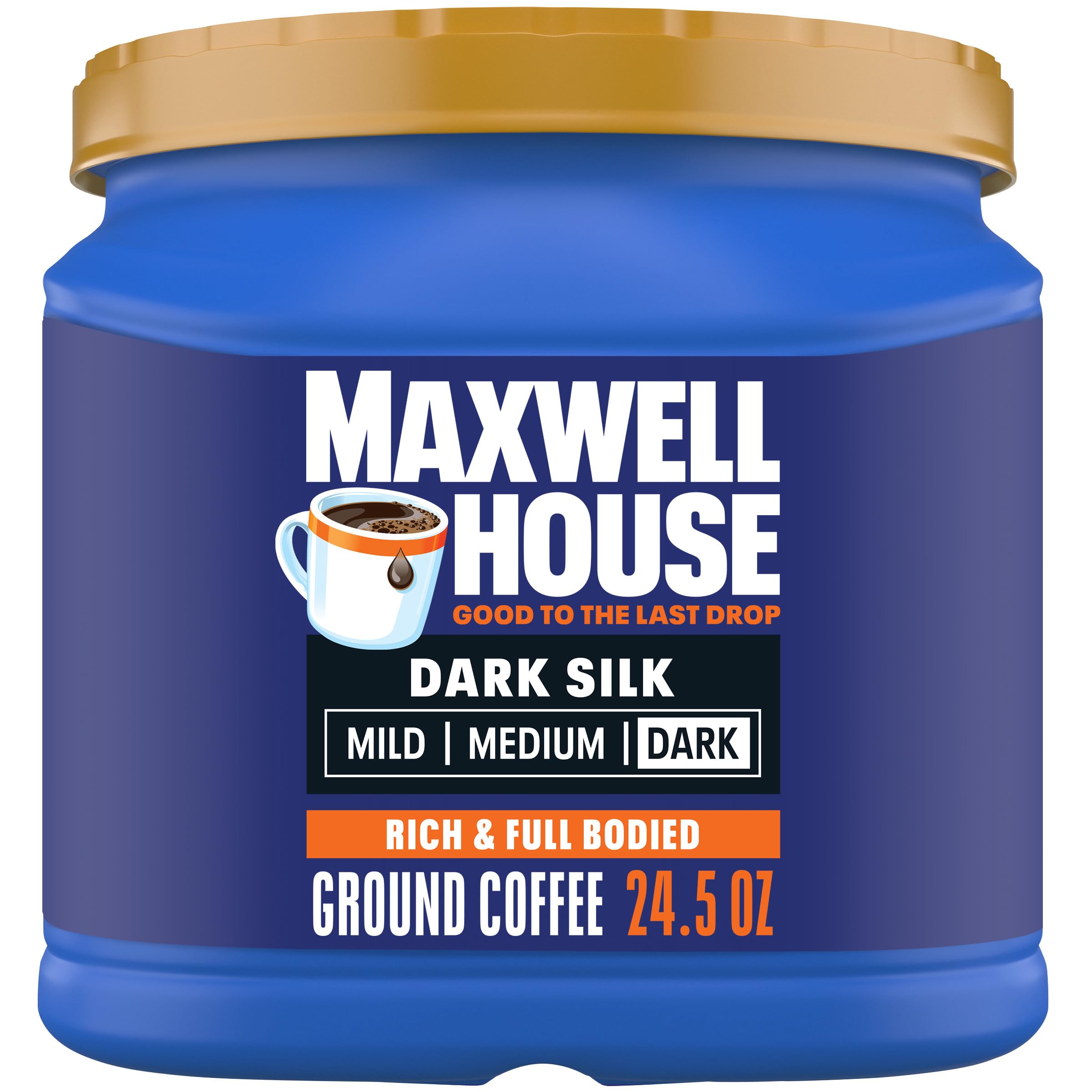 Maxwell House canister front view showing bold branding and dark roast benefit