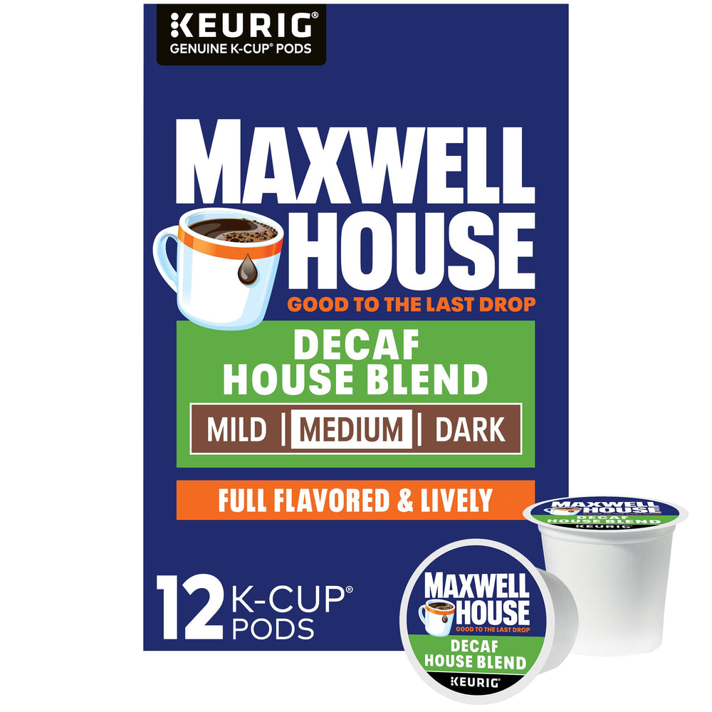 Maxwell House decaf box front showing branding and count, highlights convenience