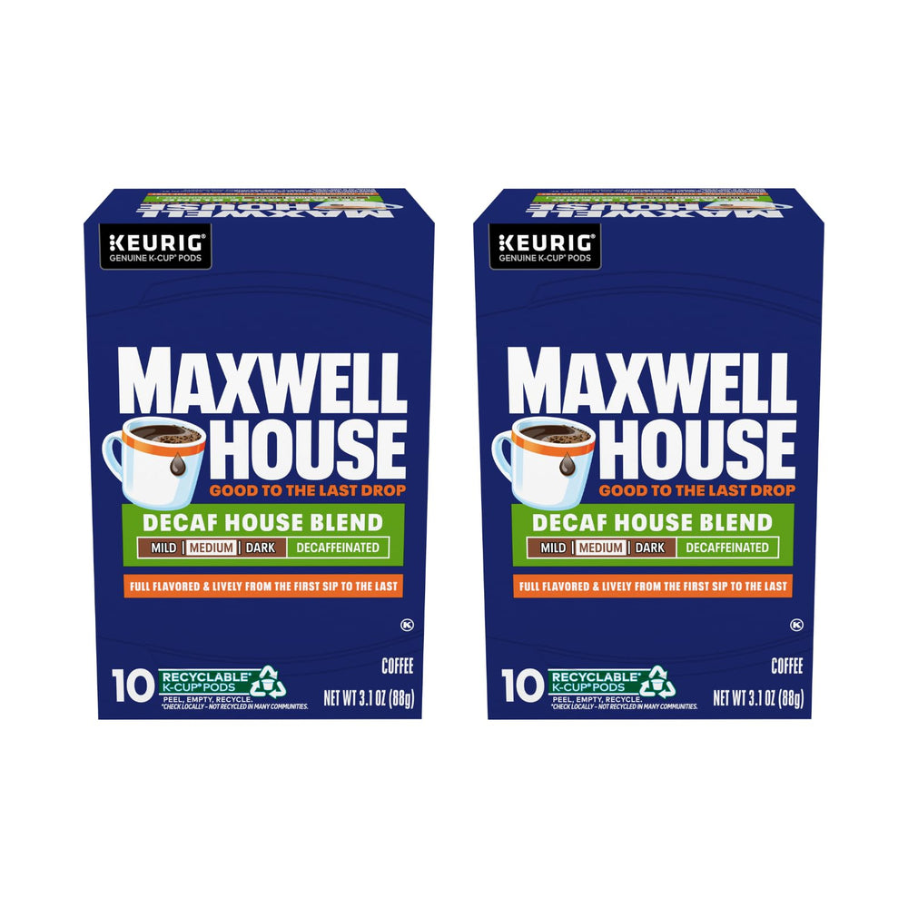 MAXWELL HOUSE front packaging showing two 10-count boxes and benefits