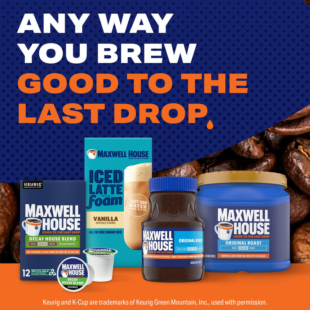 Maxwell House decaf box beside common items for size comparison and storage