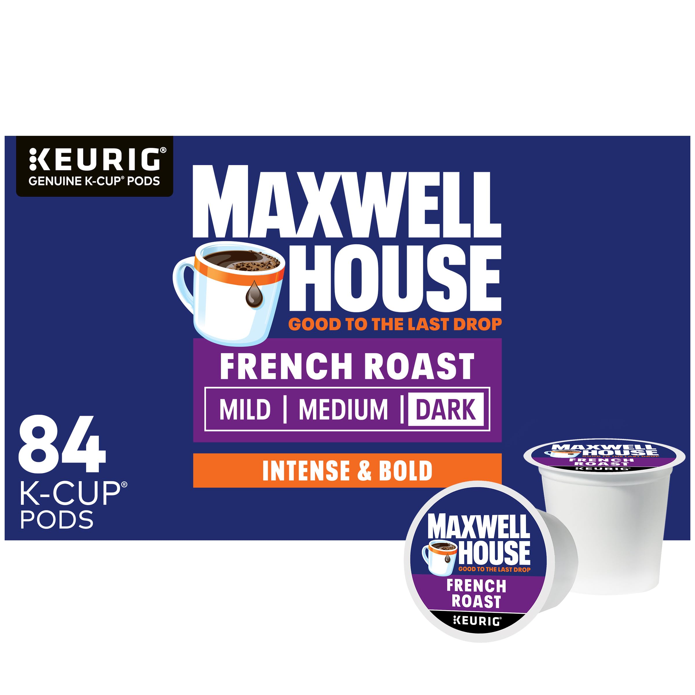Maxwell House front box showing 84-count and bold roast benefit
