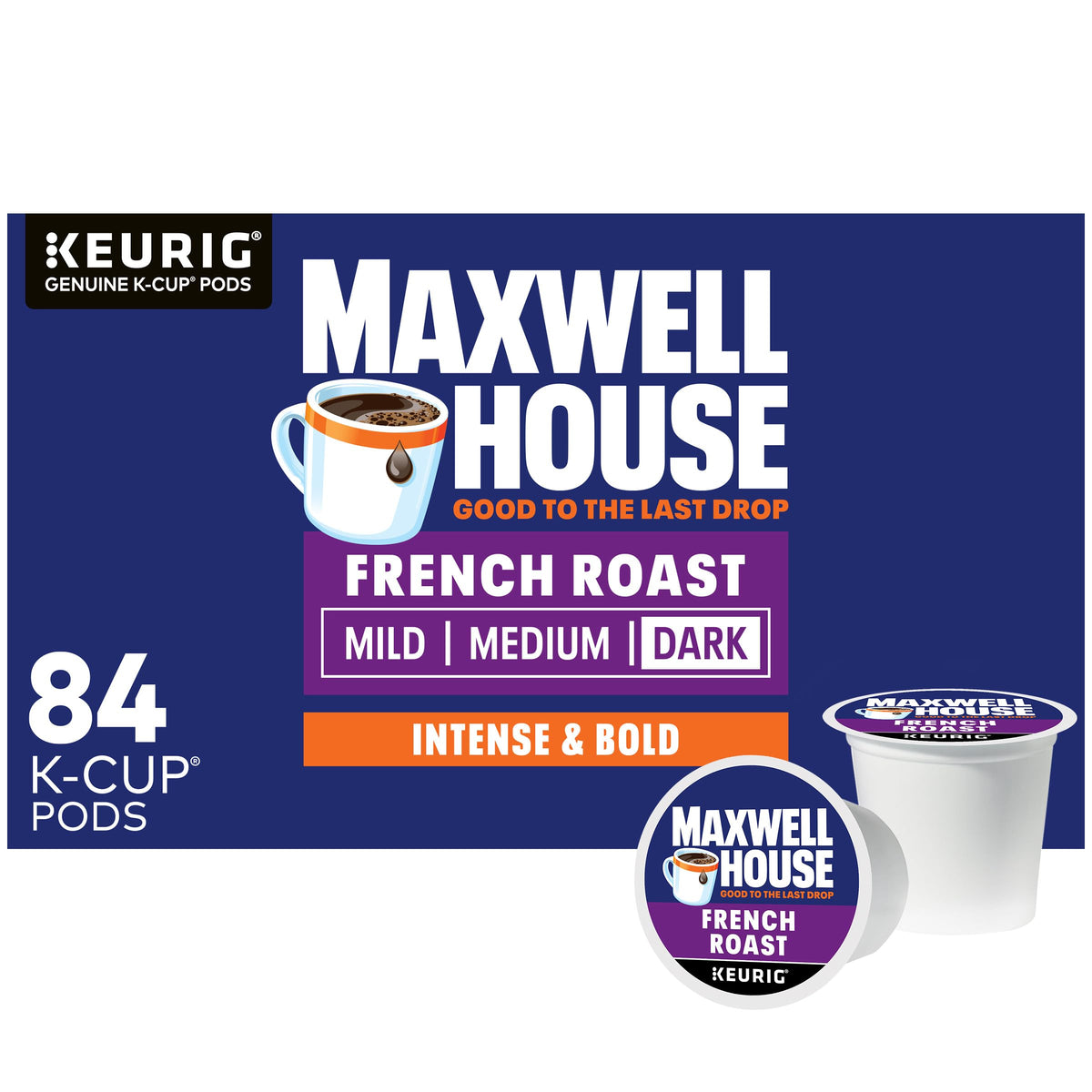 Maxwell House front box showing 84-count and bold roast benefit