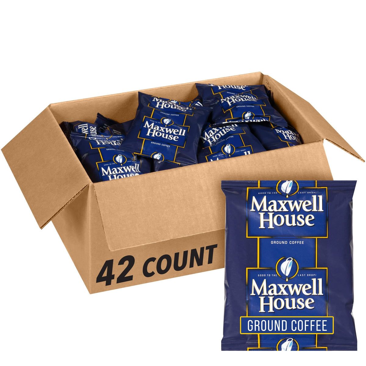 MAXWELL HOUSE front box view showing 42 packets and easy storage benefit