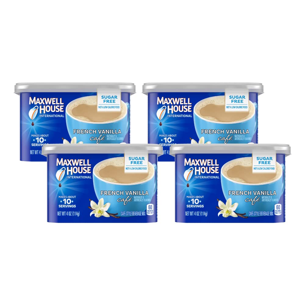 MAXWELL HOUSE front canister showing French Vanilla sugar free, highlights convenience