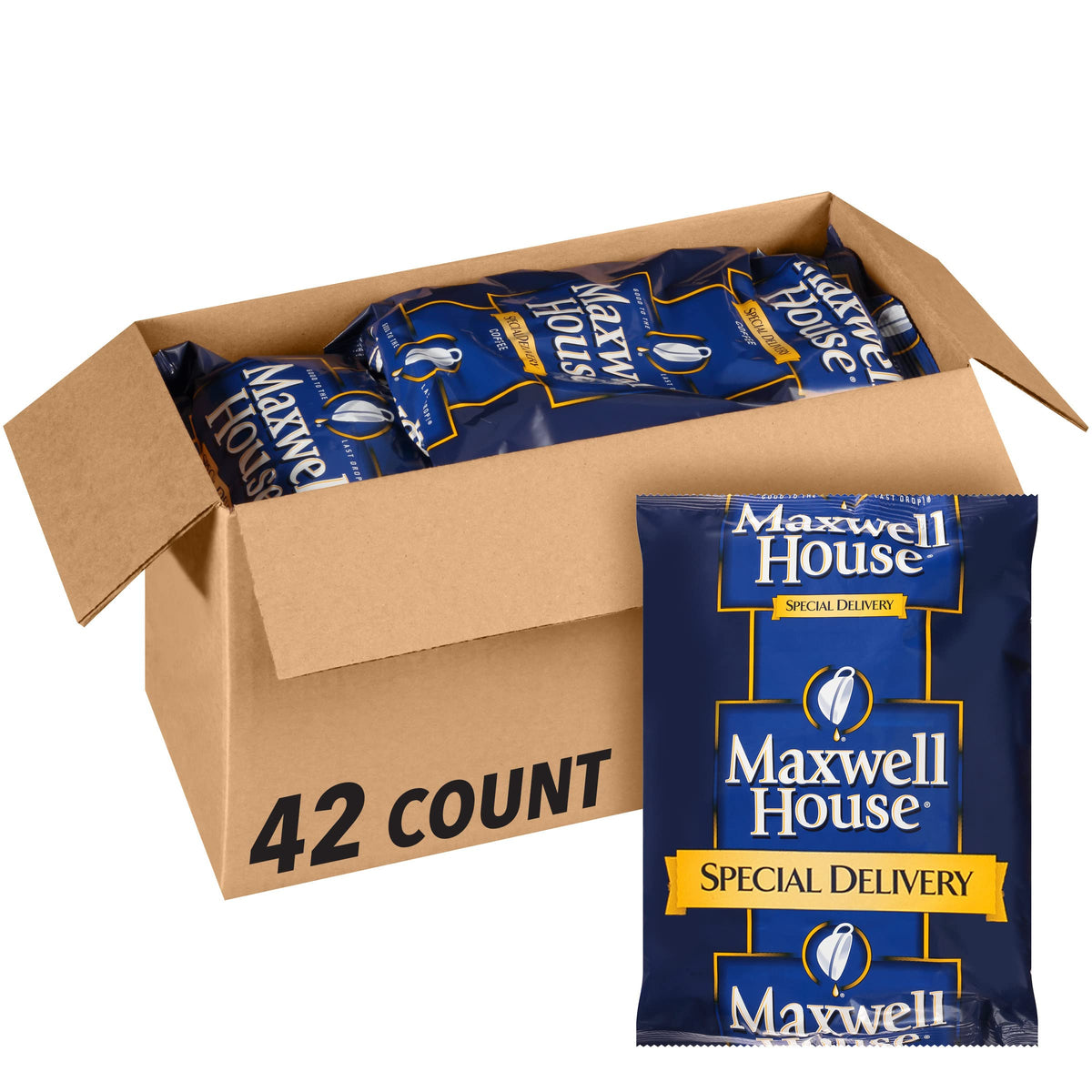 Maxwell House front packaging showing brand and packet count, easy stocking benefit