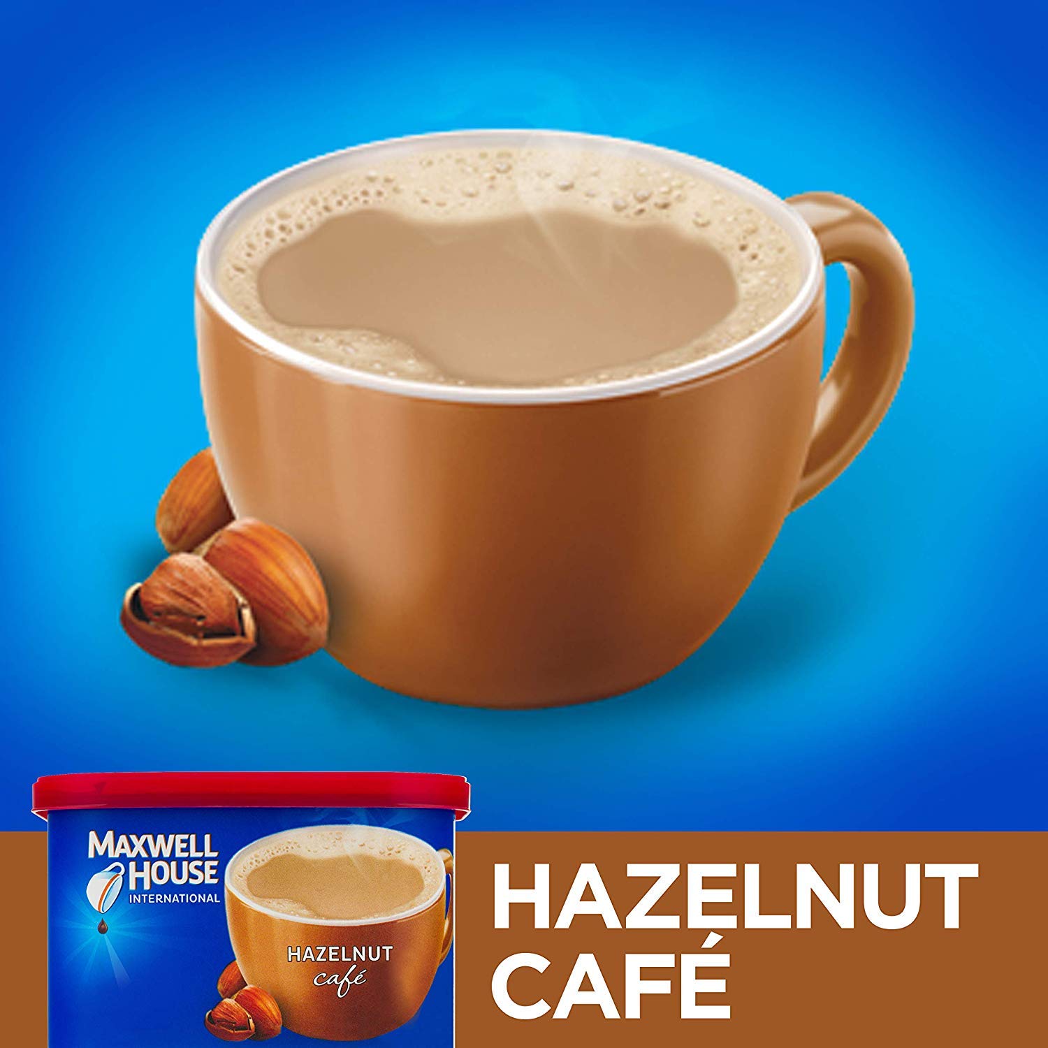 MAXWELL HOUSE pouring mix into a steaming cup for quick, café-style hazelnut flavor