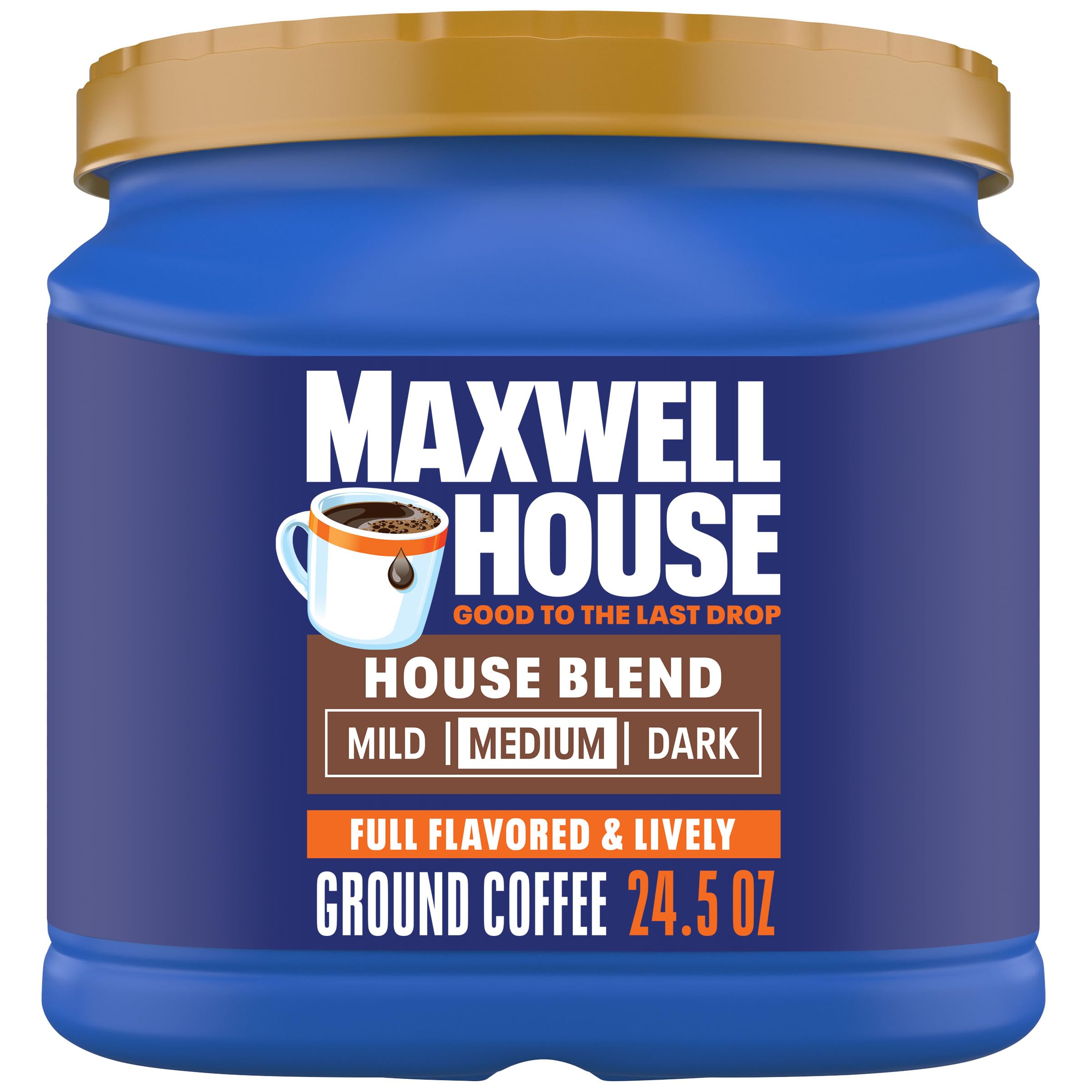 Maxwell House canister front showing branding and medium roast benefit