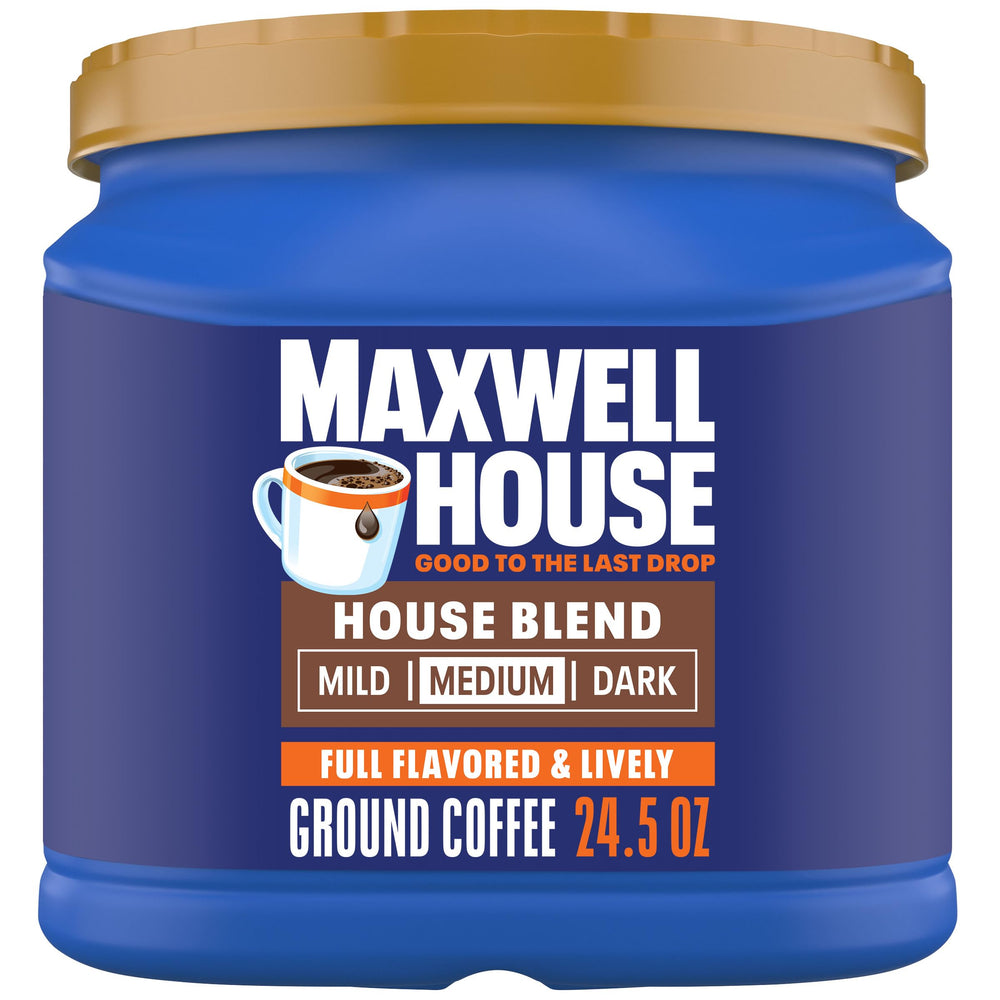 Maxwell House canister front showing branding and medium roast benefit