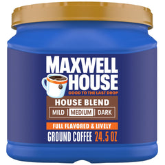 Maxwell House canister front showing branding and medium roast benefit