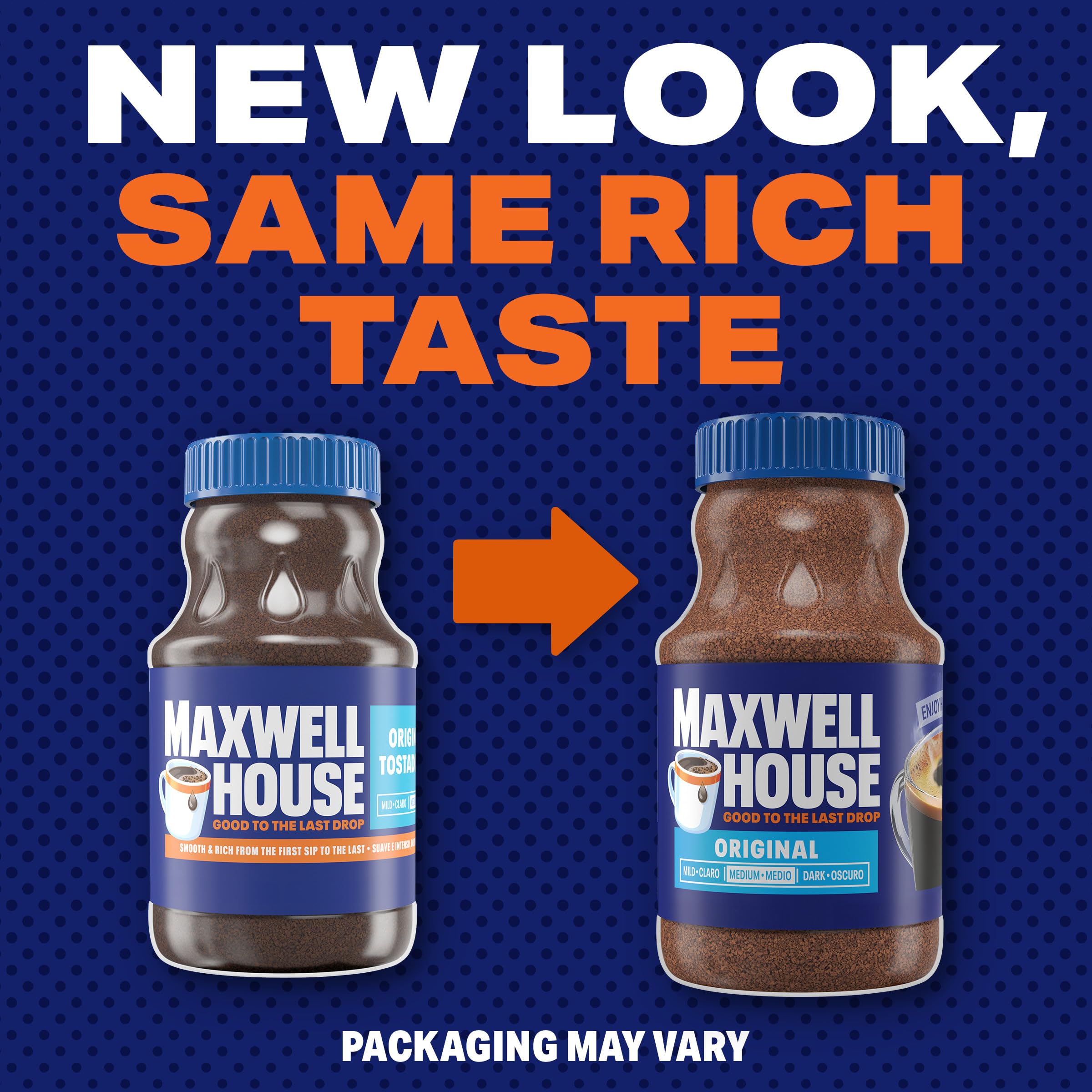 MAXWELL HOUSE instant coffee granules closeup showing smooth texture and quick dissolving