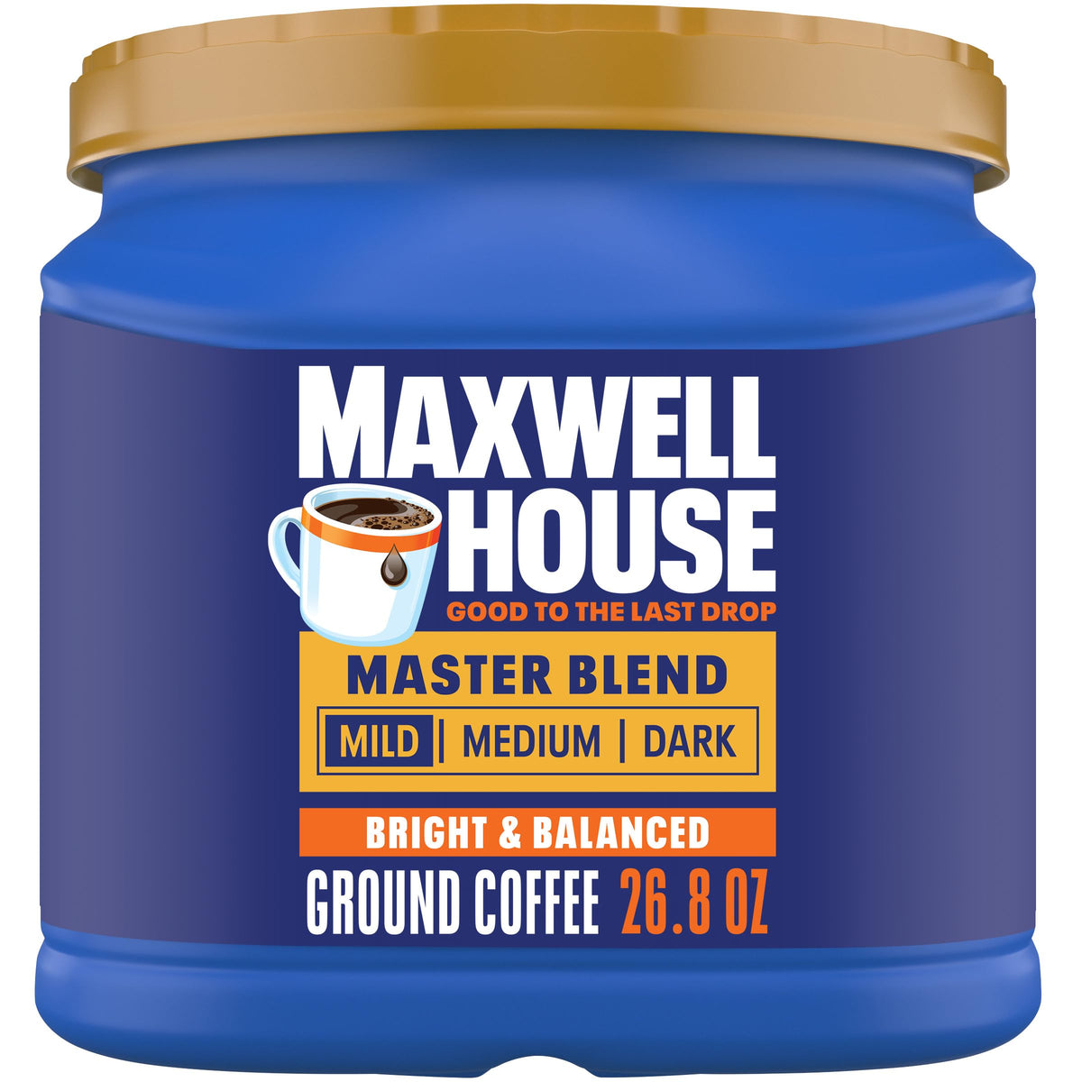 MAXWELL HOUSE front canister showing brand and mild roast, promotes reliable daily brewing