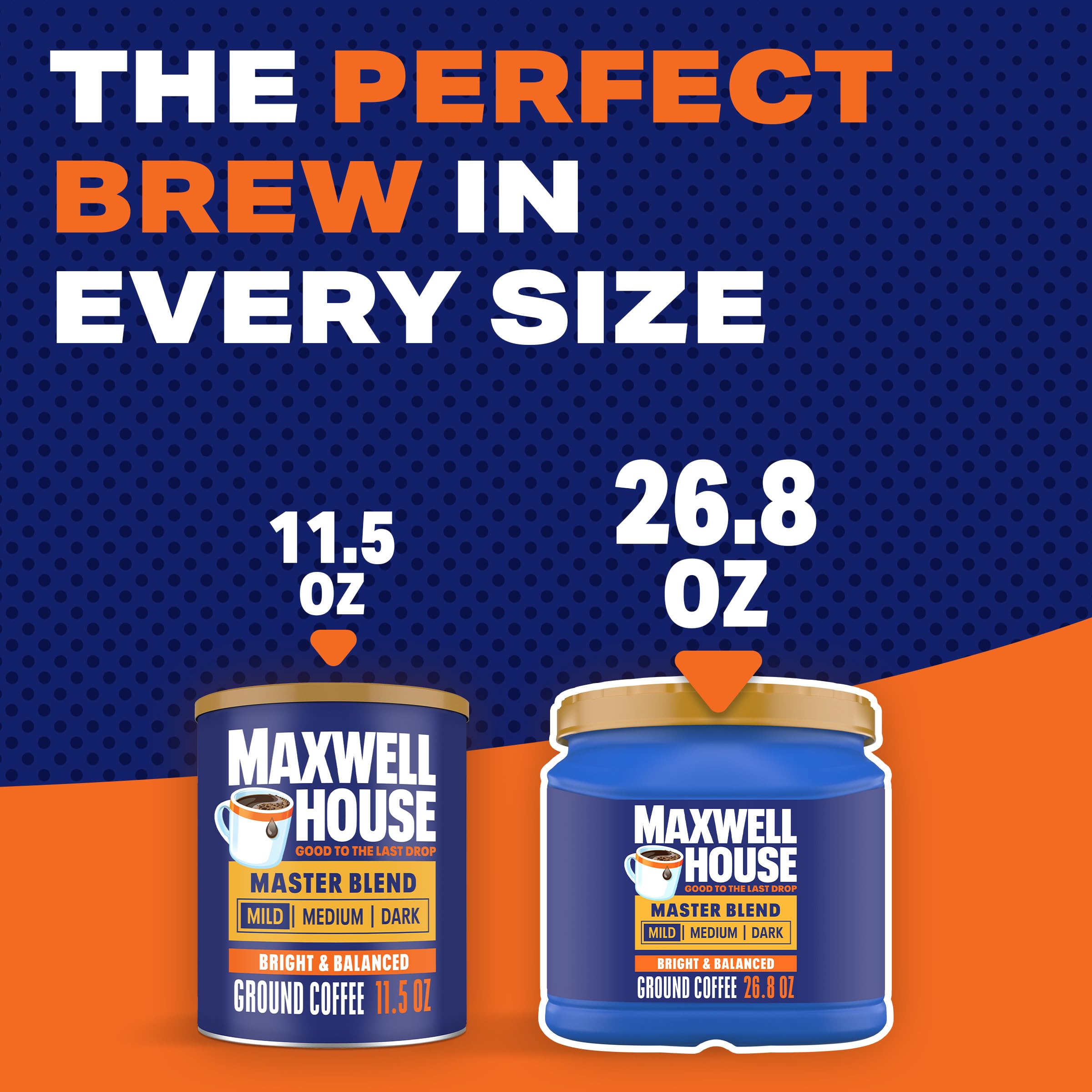 MAXWELL HOUSE canister beside a coffee mug for scale, emphasizing generous 26.8 oz supply