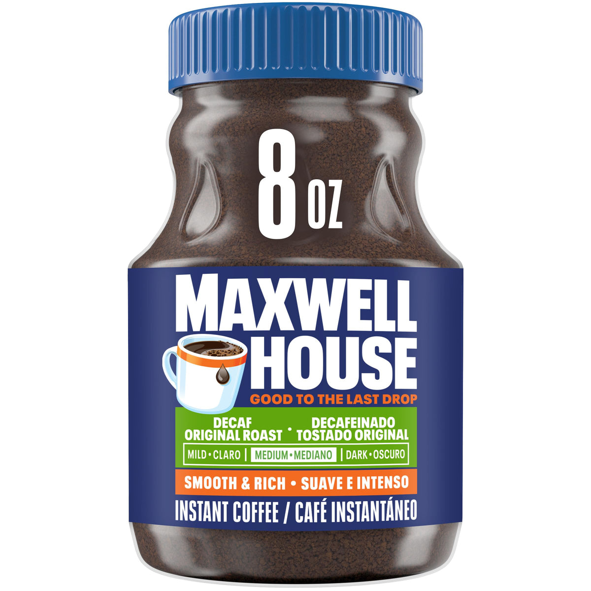 MAXWELL HOUSE jar front view showing label and easy-open lid, convenient storage