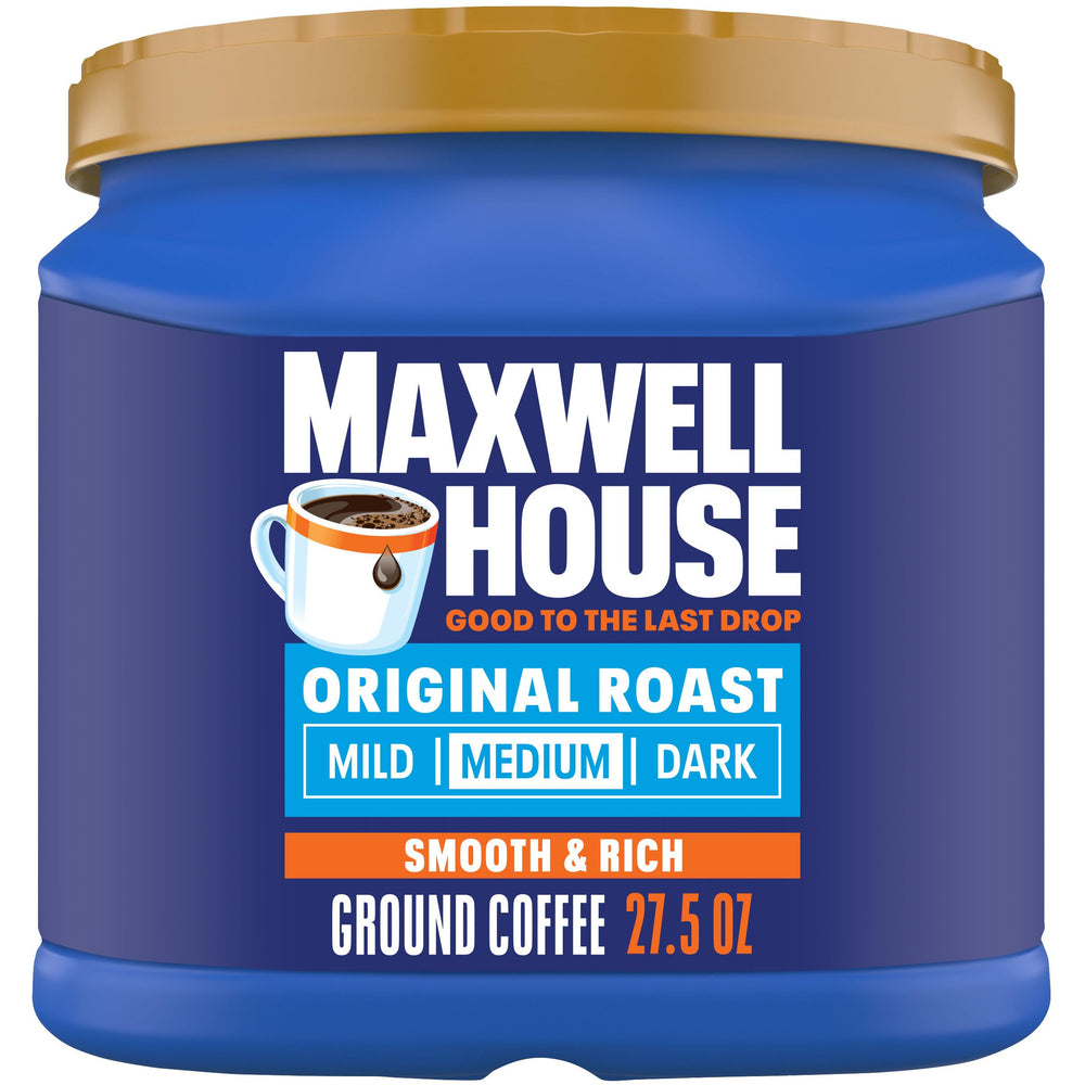 Maxwell House canister front view showing label and size, convenience preserved