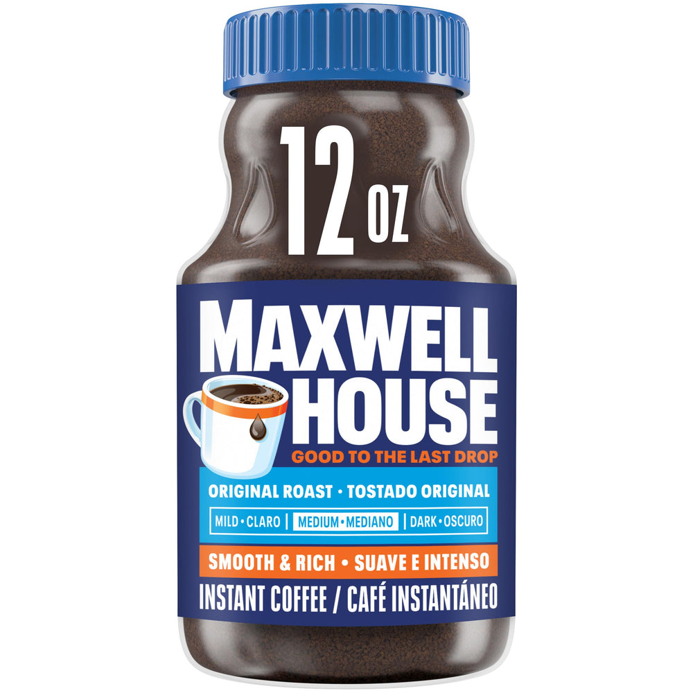 MAXWELL HOUSE front packaging showing 12 oz jar and brand benefit convenience