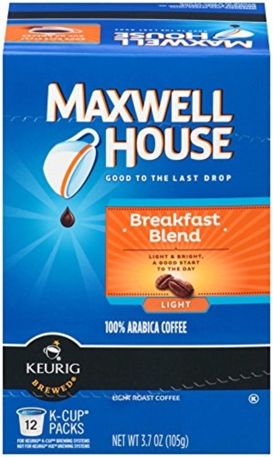 MAXWELL HOUSE pack beside a coffee mug for scale, shows 12-count portioning benefit