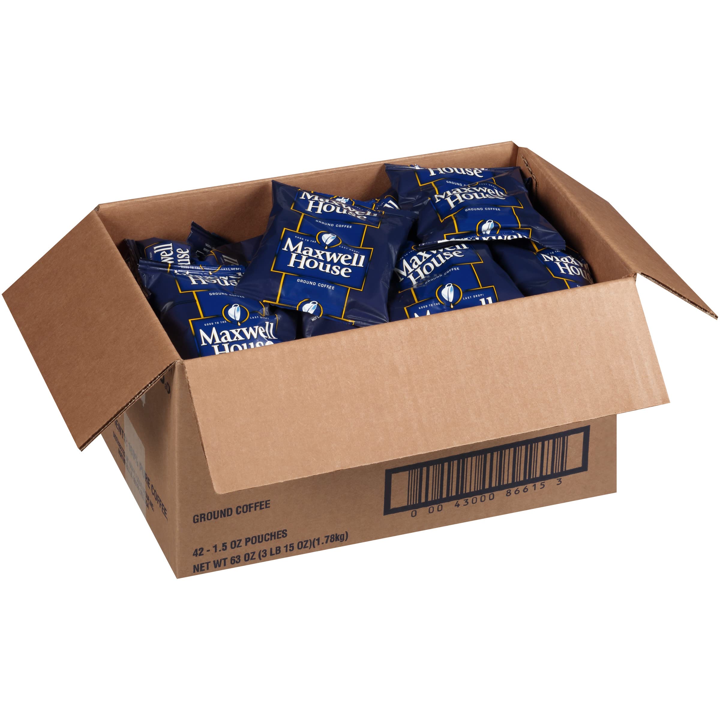 MAXWELL HOUSE packet beside filled mug showing convenient brewing benefit