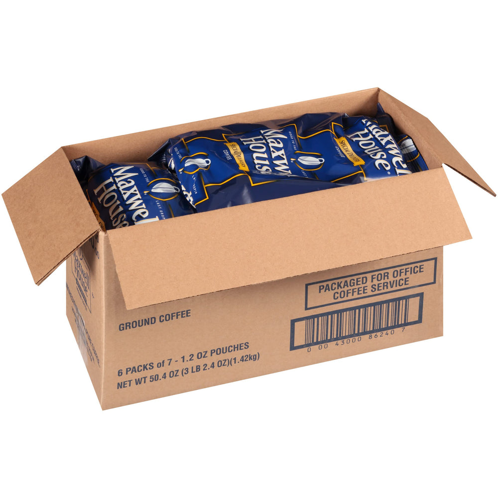 Maxwell House serving station with packets, professional setup for guests