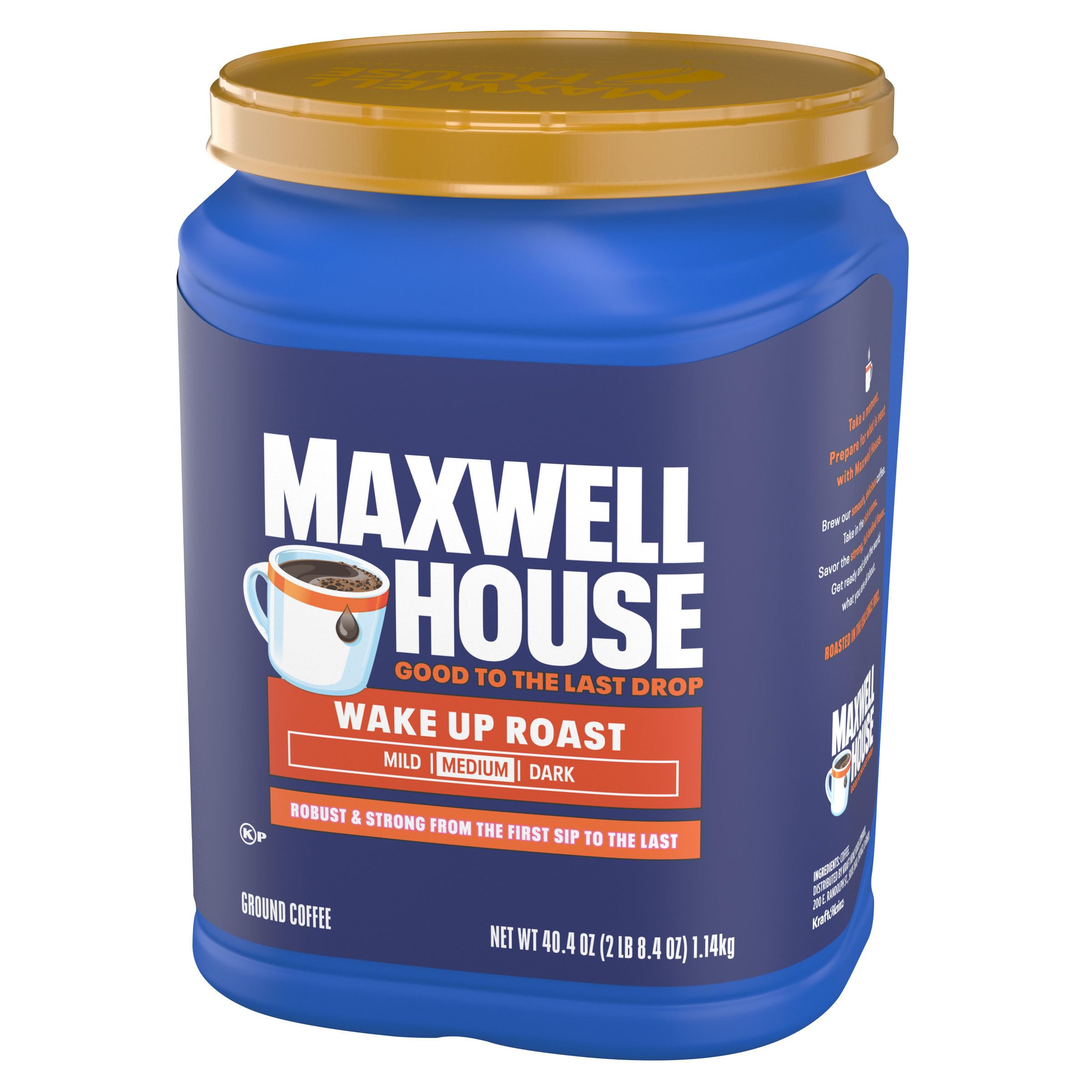 MAXWELL HOUSE canister next to mug showing large 40.4 oz supply