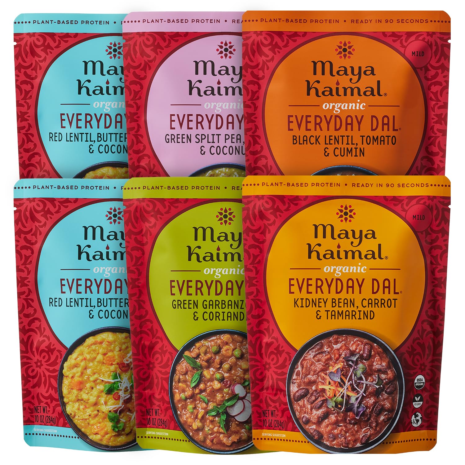 Maya Kaimal front packaging showing six-pouch variety pack and organic label benefit