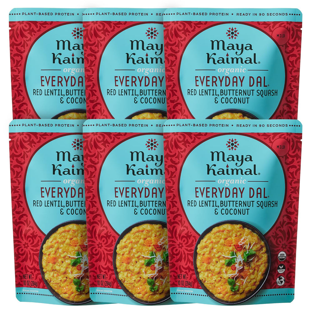 Maya Kaimal front packaging showing organic red lentil dal and ready-meal convenience