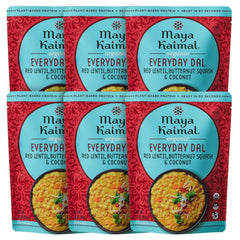 Maya Kaimal front packaging showing organic red lentil dal and ready-meal convenience