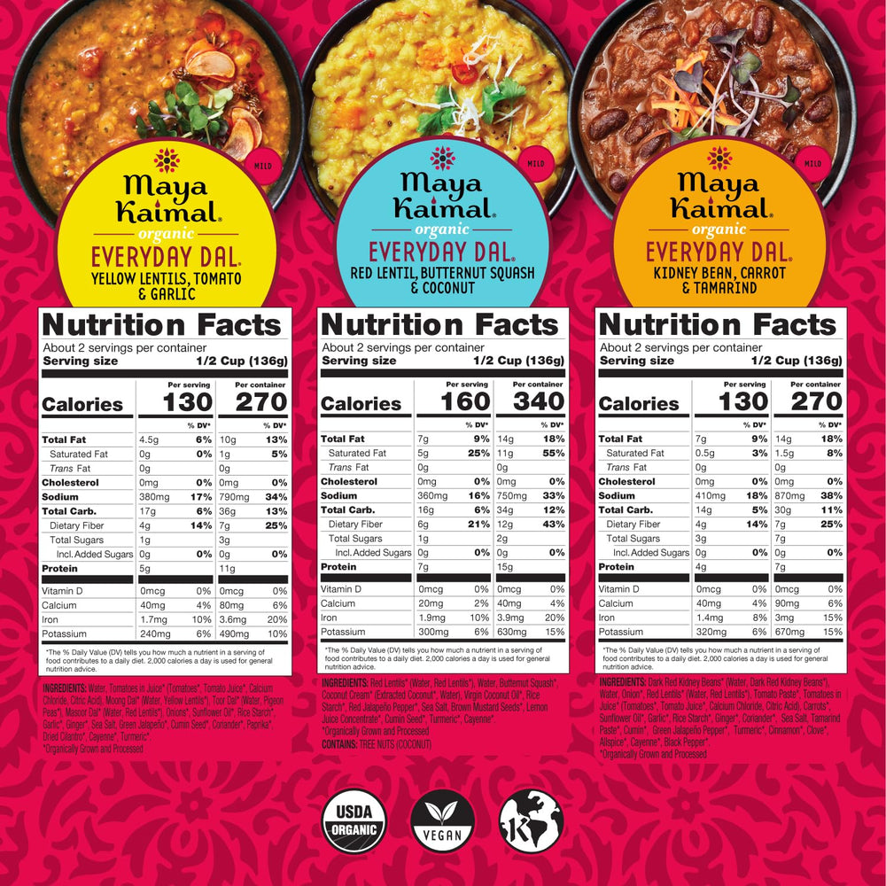 Maya Kaimal pouch close-up of ingredient and certification labels for transparency benefit