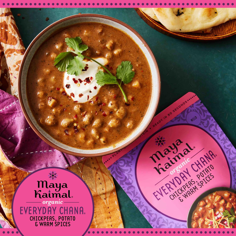 Maya Kaimal coconut and kale chana served in bowl highlighting creamy texture