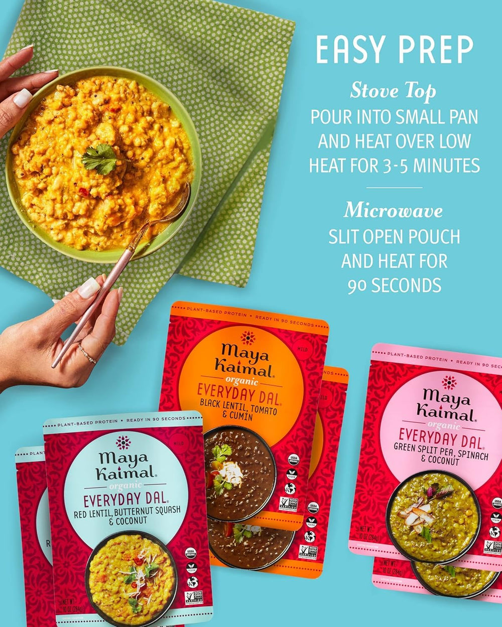 Maya Kaimal assortment laid out showing all varieties for convenient meal options