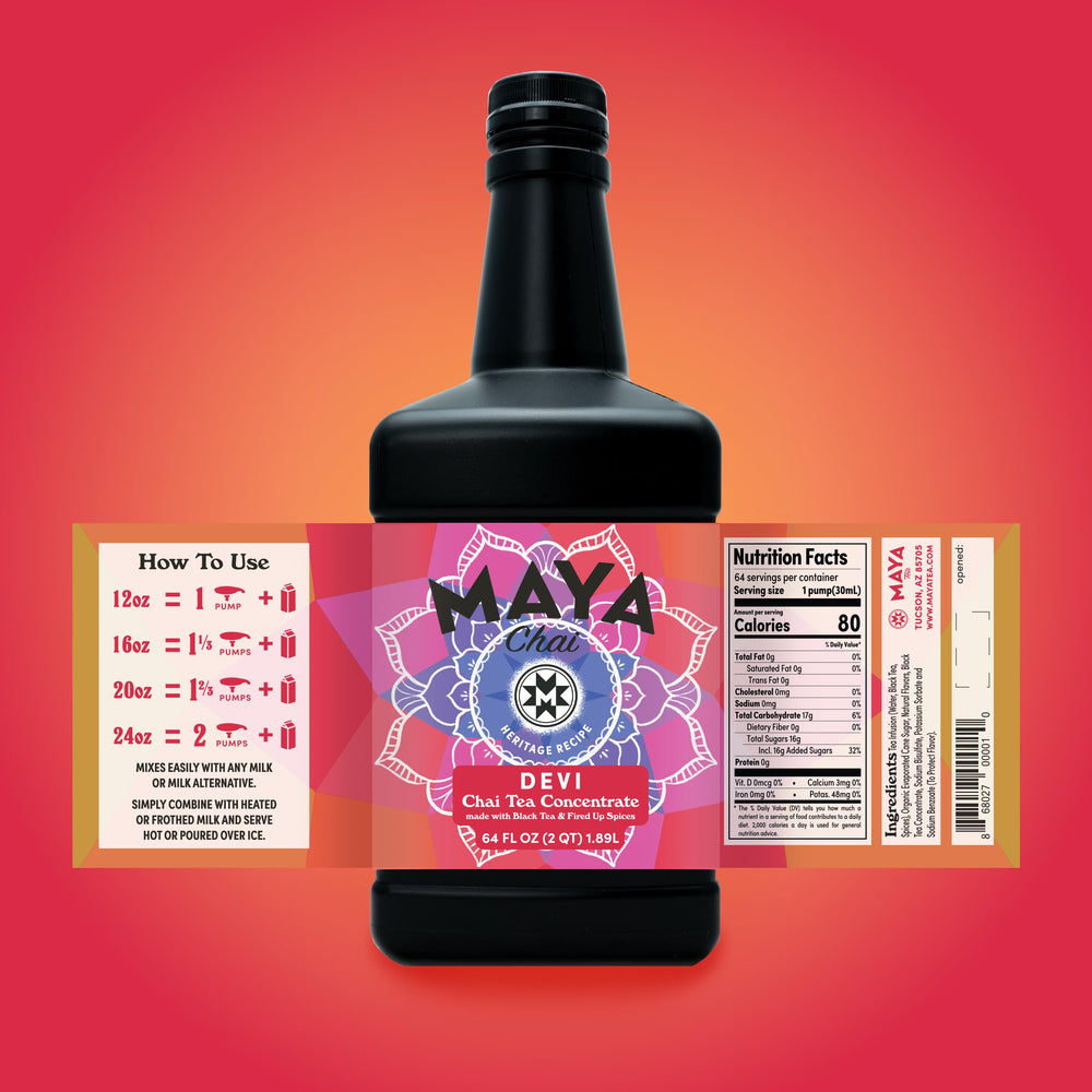Iced chai glass poured with Maya Tea Devi over ice demonstrating refreshing cold serve option