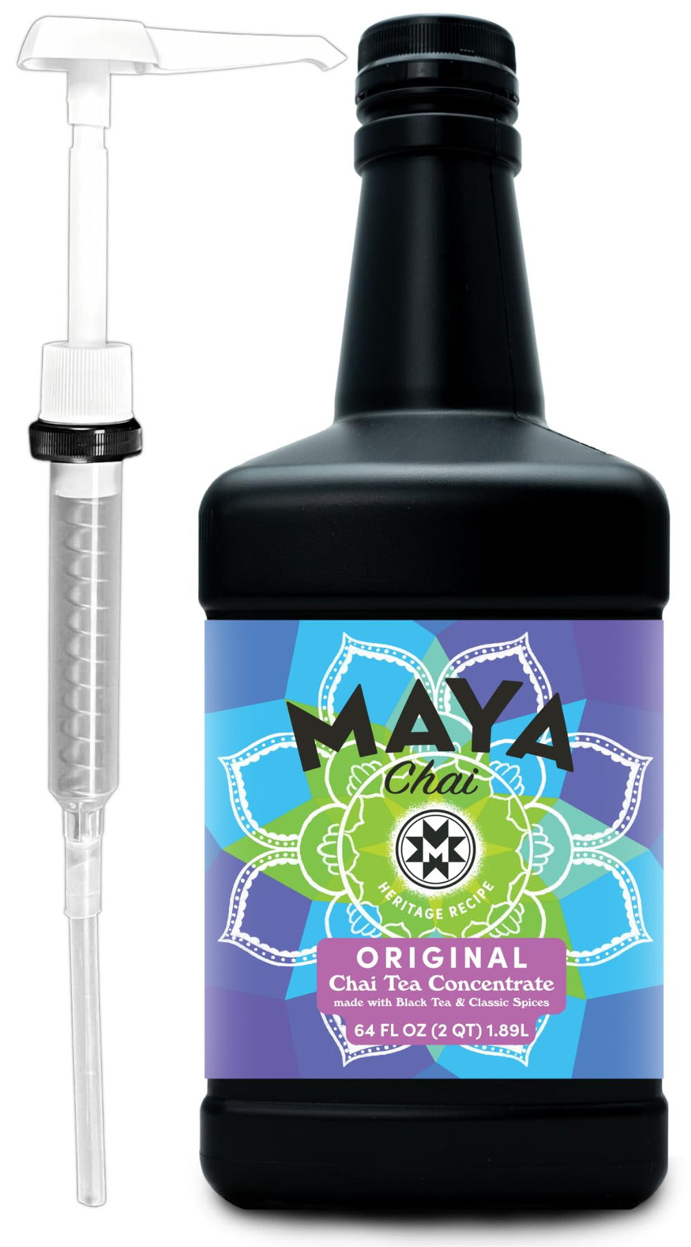 Maya Tea front bottle showing 64 oz concentrate and pump for easy dispensing