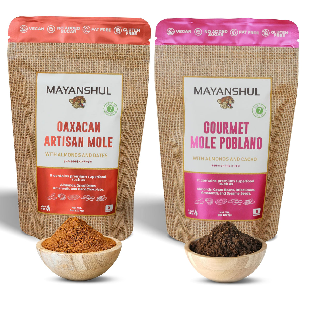 MAYANSHUL front view of both mole pouches showing label and pack benefit