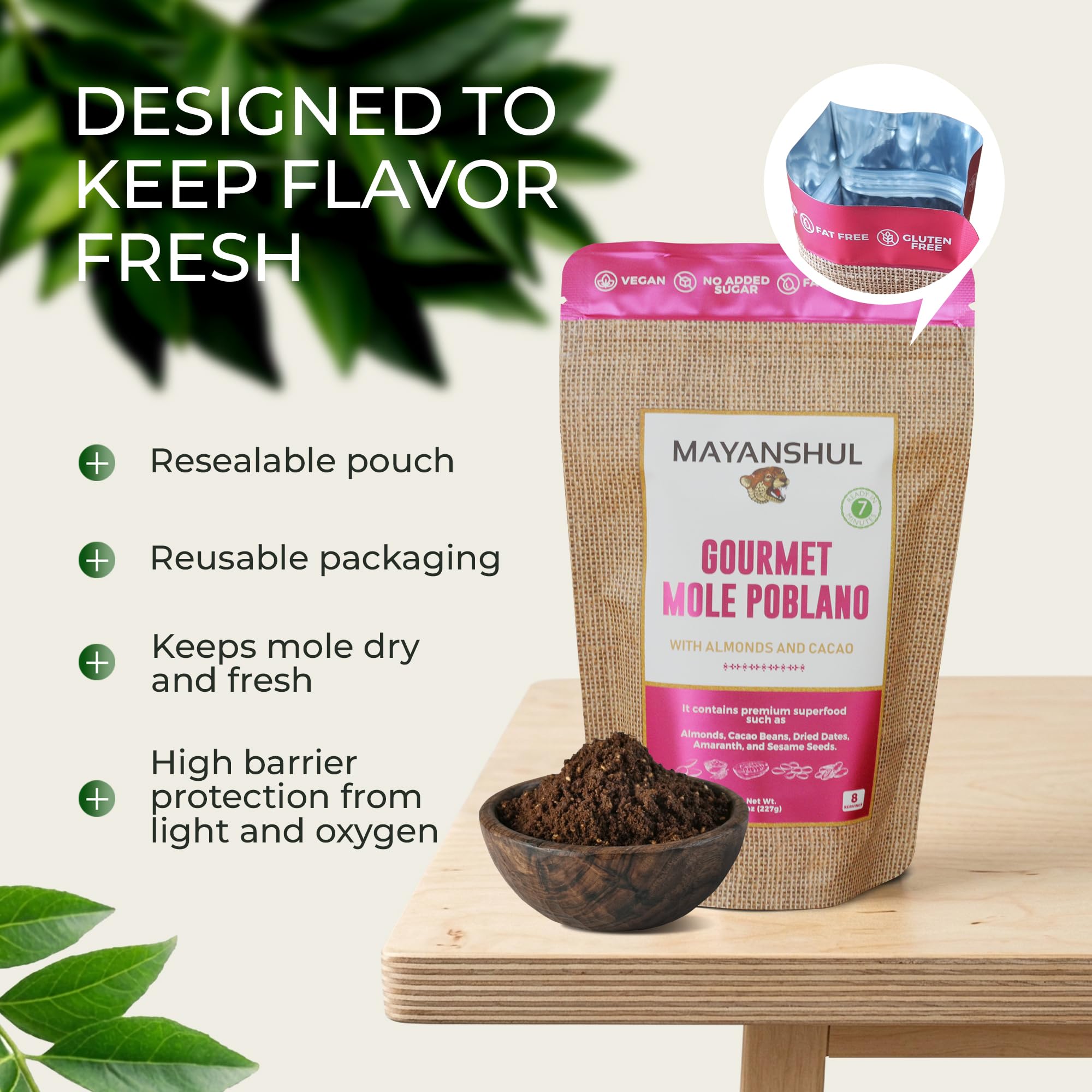 MAYANSHUL spread of authentic ingredients—deveined chiles, cacao, dates—displaying traditional origins