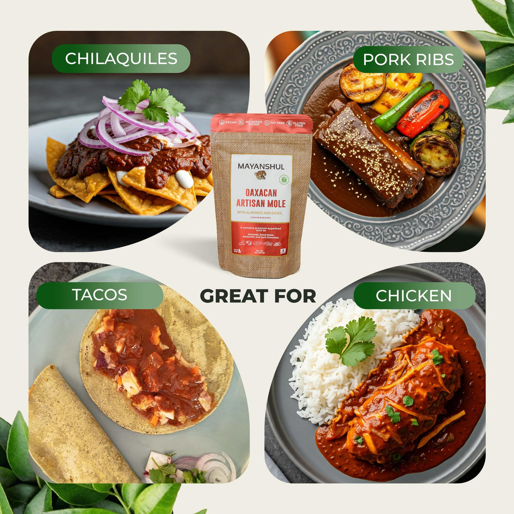 MAYANSHUL family dinner setting with mole sauces showing everyday gourmet meals