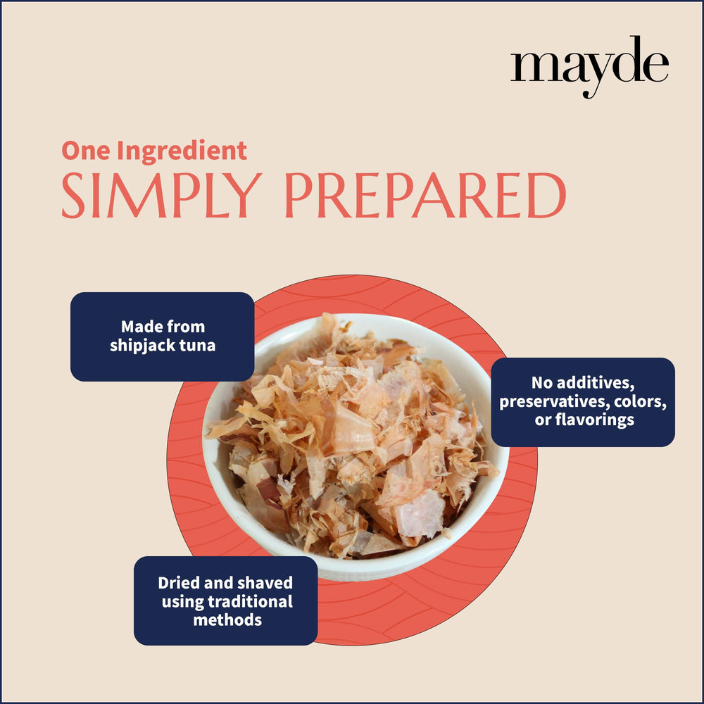 Mayde bonito flakes steeping in bowl for dashi, showing clear broth and savory depth benefit