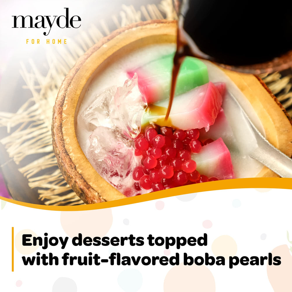 Mayde pomegranate popping boba displayed in a cup adding vibrant flavor to beverages