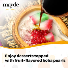 Mayde pomegranate popping boba displayed in a cup adding vibrant flavor to beverages