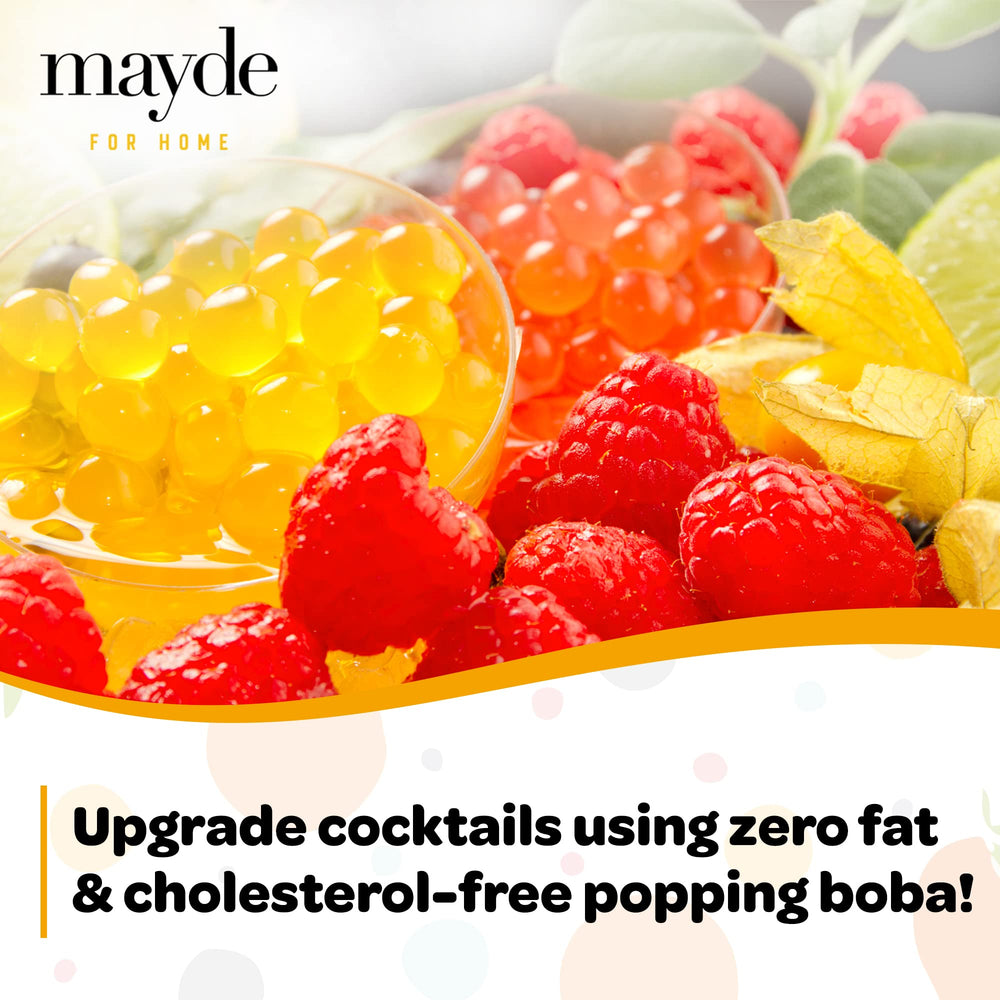 Mayde popping boba next to measuring spoon showing portion size and easy serving