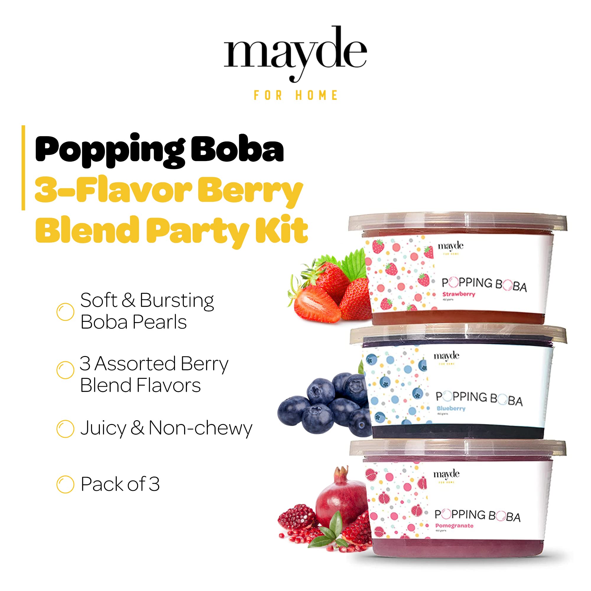 Mayde strawberry popping boba close-up highlighting bright fruit centers and visual appeal
