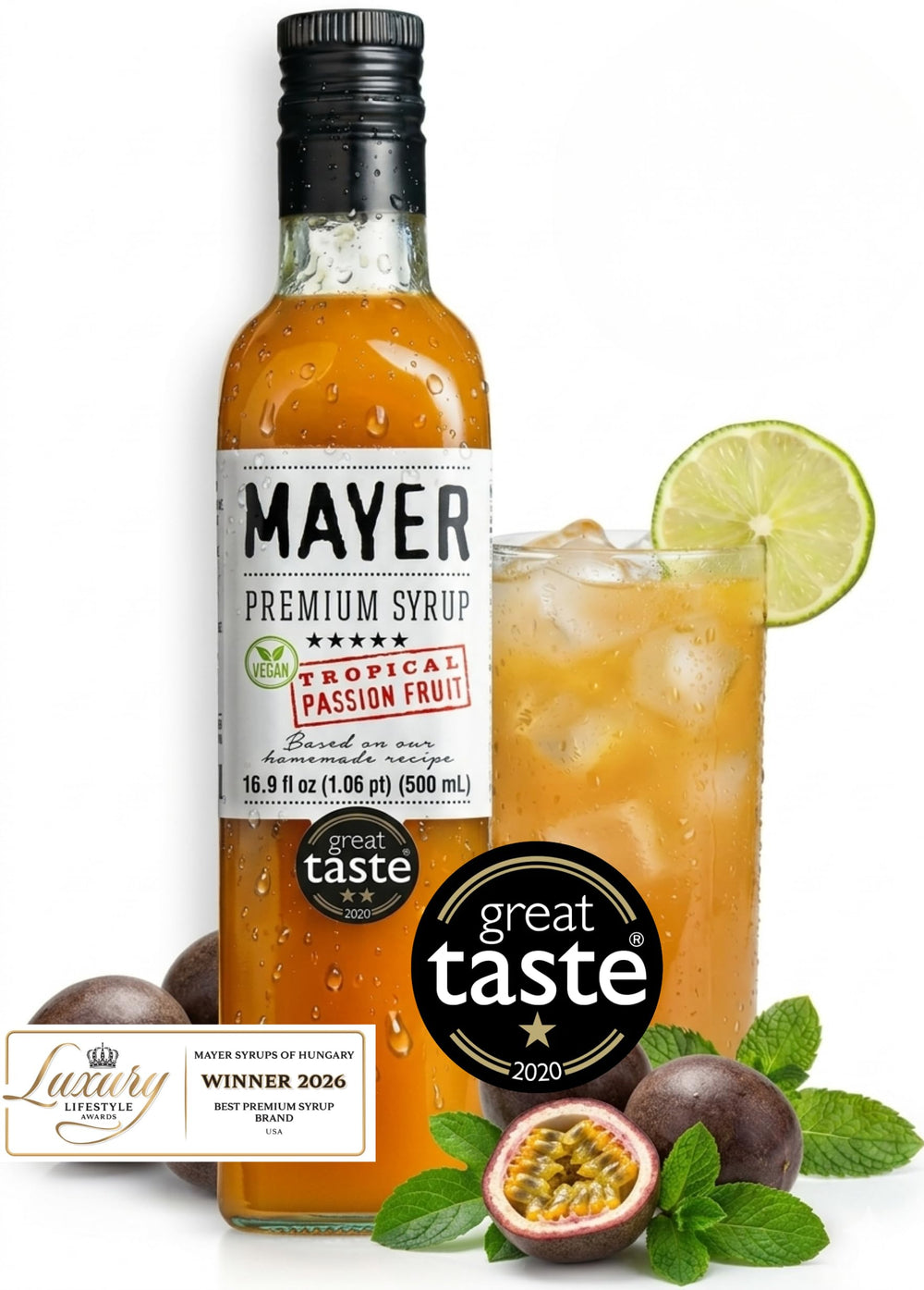 Mayer bottle front view showing premium passion fruit syrup for cocktails